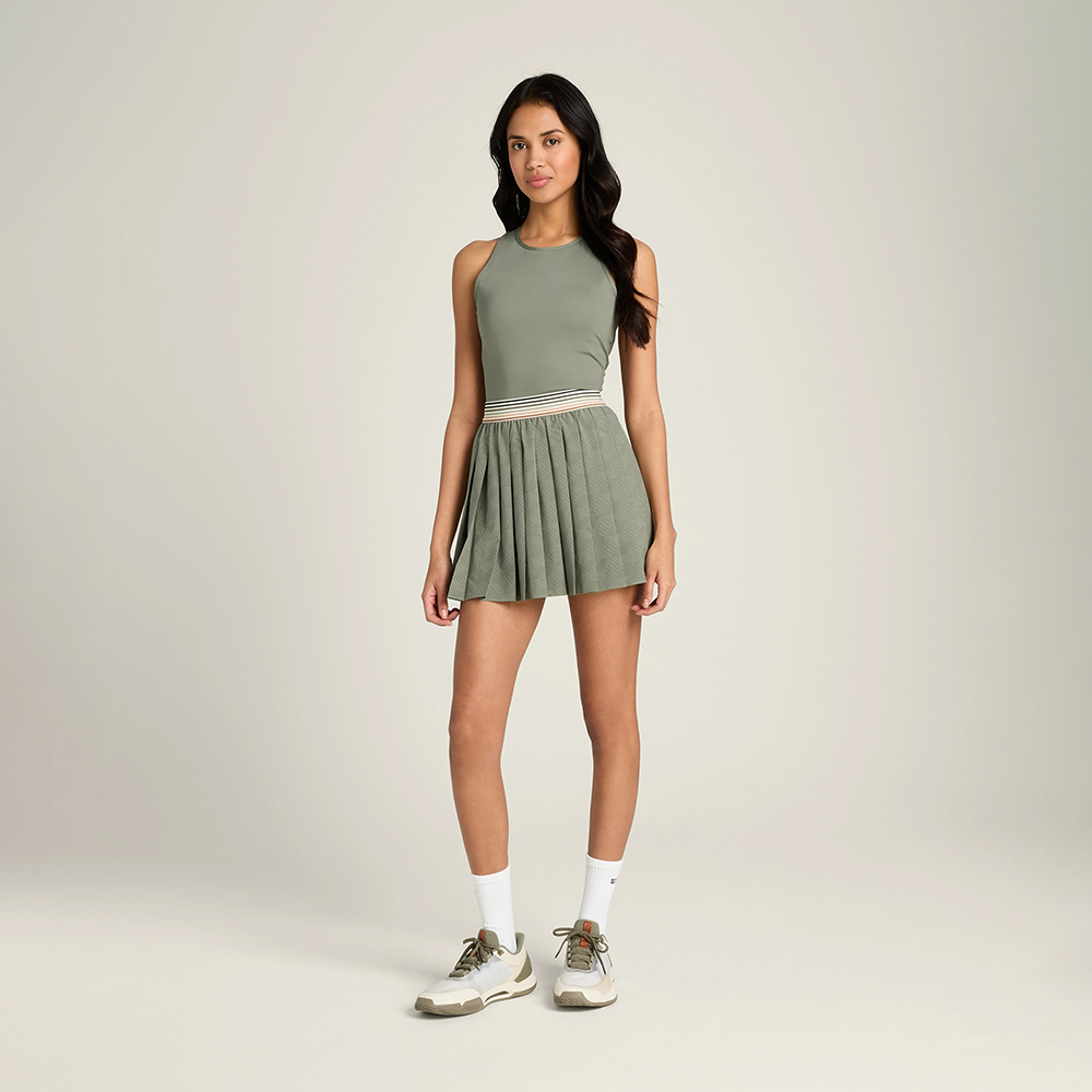 Women's Laser Cut Pleat Tennis Dress Breathable Open Back Elasticated Waistband Athletic Workout Performance Dress with Bra