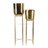 Jardinières rondes en métal chromé doré, résistantes à l'eau, pour intérieur/extérieur, avec supports en bois pour utilisation au sol