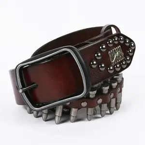 Men's full grain leather bullet belt western punk cowboy belt