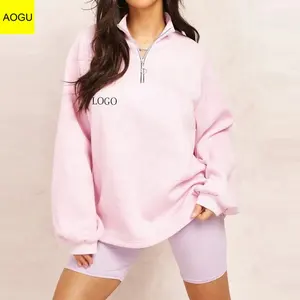 AOGU 핑크 코튼 플리스 하이 넥 칼라 하프 지퍼 여성 대형 스웨터