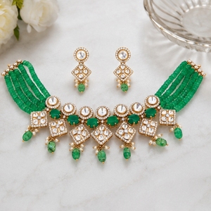 Green Beaded <b>Choker</b> Necklace Set with Crystal Rhinestones 925 <b>Silver</b> Necklace and Earrings Set for Women Green Beads Kundan - Product Image 3