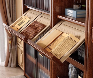 Librería Moderna <span class=keywords><strong>de</strong></span> Madera Maciza <span class=keywords><strong>de</strong></span> Nogal Dorado <span class=keywords><strong>con</strong></span> <span class=keywords><strong>Puertas</strong></span> <span class=keywords><strong>de</strong></span> Vidrio, Estantes Ajustables, Acero Inoxidable, Combinación Libre, Multifuncional - Product Image 6