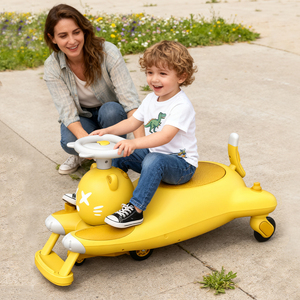 Voiture électrique télécommandée jaune 24V pour enfants, avec lumières, fonction de torsion et de balancement, connectivité Bluetooth, design chat, fonction balancement et oscillation, type balai rotatif - Product Image 5