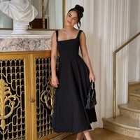 Robe longue pour femme à col carré, taille empire, bretelles larges, décolleté en V profond, coupe trapèze fluide, idéale pour les vacances, OEM ODM Personnalisable
