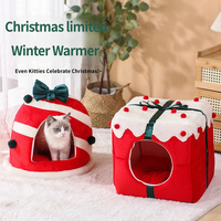 Nichoir de Noël de luxe pour animaux de compagnie, lit pour chien rouge fermé, niche chaude en polaire pour petits chiens Teddy, nid fermé pour animaux de compagnie