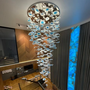 Lustre moderne grand bleu en verre <span class=keywords><strong>pour</strong></span> escalier, <span class=keywords><strong>suspension</strong></span> <span class=keywords><strong>pour</strong></span> hall d'entrée et couloir - Product Image 1
