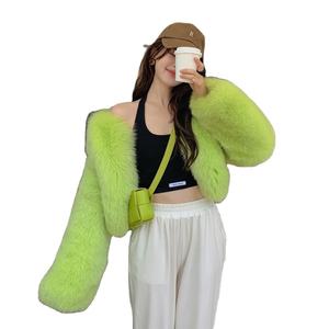 2024 collezione primavera <span class=keywords><strong>verde</strong></span> a quadri giacca lunga pelliccia da donna Plus Size ampia con pelliccia corta di volpe per le signore invernali - Product Image 1