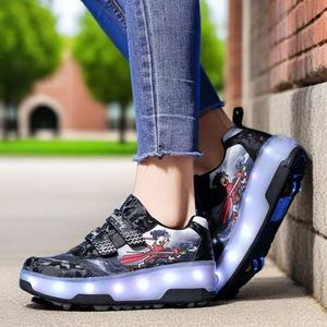 Flashing Roller Shoes For Kids With Led Lights And Double Row Wheels Plastic Material Pink Design - Product Image 2