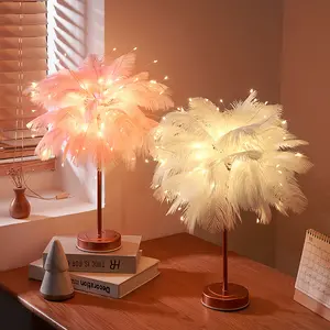 Light Gold Ostrich Feather Copper Wire Table Lamp Remote Control Girl Room Bedroom Decoration Battery Operated Usb Led Feather