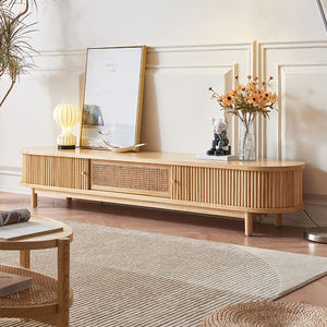 Mueble para TV de Madera Maciza de Fresno Estilo Japandi Wabi-Sabi Canadiense, Color Marrón Oscuro Elegante, con Paneles de Ratán y Detalles de Acero Inoxidable - Product Image 1