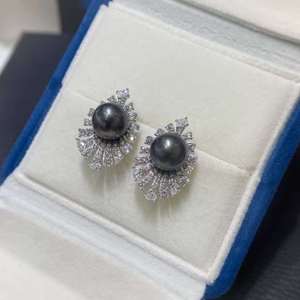 Pendientes de perlas tahitianas Sunburst de plata de ley 925, perlas naturales de agua de mar de 9-10 mm, pendientes de perlas casi redondas, joyería personalizada. - Product Image 4
