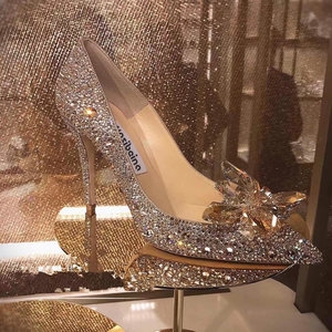 Zapatos de Novia de Alta Calidad, Elegantes y Sensuales, con Punta Cerrada, Adornados con Diamantes, Estilo Zapatilla de Cristal de Cenicienta, para Banquete, Tacón Ultra Alto y Delgado - Product Image 1