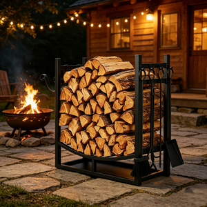 Freestanding Unique <strong>Firewood</strong> Rack with Side Hooks Heavy Duty Metal Log <strong>Storage</strong> for Outdoor Courtyard Fire Pit - Product Image 6