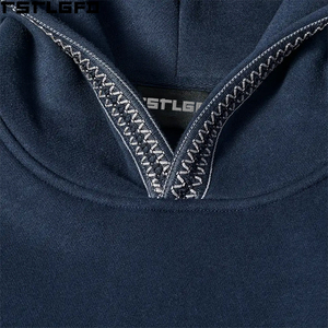 Oem Odm Contrast Stitch Pullover Hoodie Men <b>Navy</b> Zigzag Trim Wholesale Bulk - Product Image 5