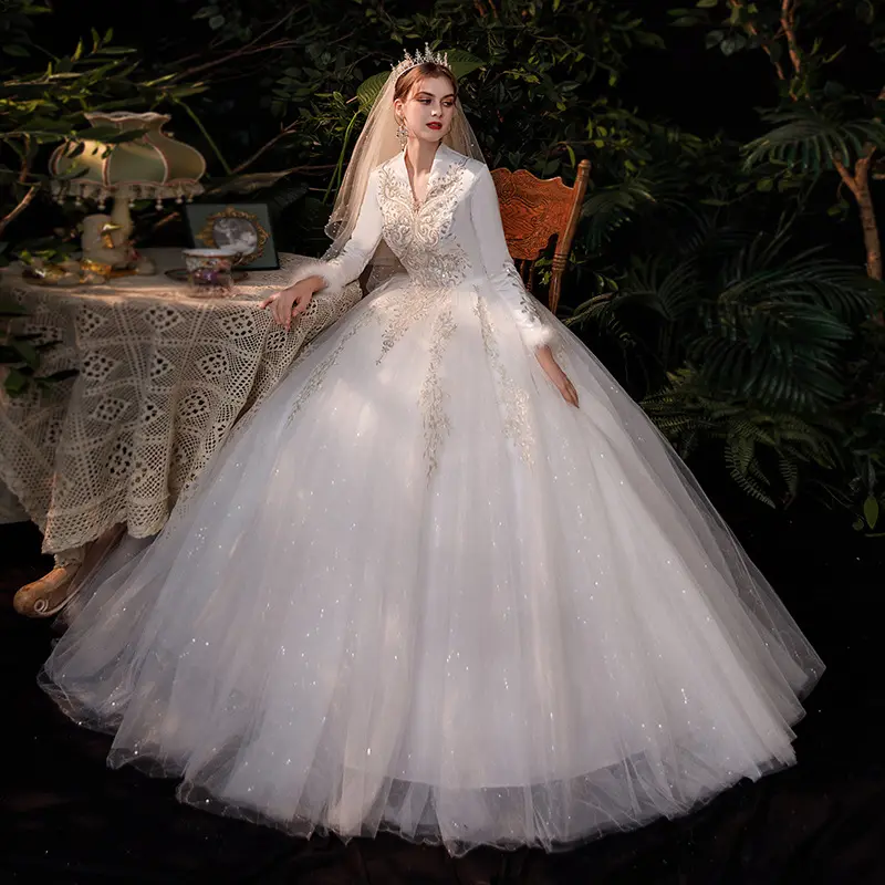 XL21 Latest Winter Bride Long Sleeve V Neck Ivory Thick Warm Floor Length Wedding Dress
