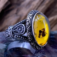 Bague unisexe tendance en alliage fait main avec pierre précieuse, motif abeille incrusté d'agate ovale, motif géométrique – Nouveauté très prisée
