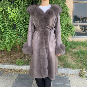 Cappotto invernale in Shearling <span class=keywords><strong>con</strong></span> cappuccio lungo personalizzato caldo <span class=keywords><strong>con</strong></span> collo in pelliccia di volpe di lusso Design della <span class=keywords><strong>cintura</strong></span> cappotto in Shearling di montone genuino da donna - Product Image 4