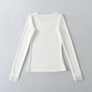 2 Pilihan Warna Kaos Rajut Kerah V Lengan Panjang Berenda Warna Solid Kasual Modis untuk Wanita - Product Image 3