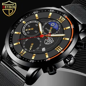 2022 새로운 DEYROS 비즈니스 남성 손목 시계 다기능 달력 석영 시계 스틸 밴드 남성 빛나는 스포츠 시계