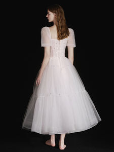 Vestido Blanco <span class=keywords><strong>de</strong></span> Línea A con Cristales Antiestáticos, Nuevo Modelo 2025, <span class=keywords><strong>para</strong></span> Novia, <span class=keywords><strong>Boda</strong></span>, Compromiso, con Velo, Certificado, Mangas Abullonadas, Estilo Dulce - Product Image 5