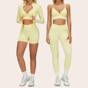 Conjuntos de entrenamiento suaves sin costuras de 4 piezas al por mayor para mujer sujetador en V trajes atléticos de alto soporte ropa de fitness y yoga para chicas - Product Image 1