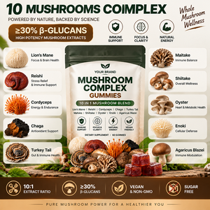 Gomitas de Complejo de Hongos 10 en 1, Melena de León, Reishi, Cordyceps, Chaga, Cola de Pavo, Suplemento de Apoyo Inmunológico, Vegano, Marca Privada - Product Image 2