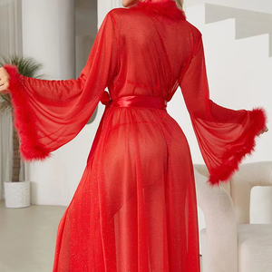 ชุดคลุมวีเนคสีเงินเงาแบบใหม่ พร้อมขนเฟอร์ ขายส่ง เสื้อคลุมแขนยาวเปิดด้านหน้า สำหรับใส่นอน - Product Image 2