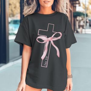 FOXA Christian Cross T-Shirt Women Oversized Pink Bow Graphic <b>Tees</b> John 316 Faith Top Long Length Jersey Cotton - Product Image 2