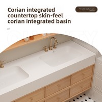 Meuble de salle de bain mural en noyer, style minimaliste moderne, avec vasque intégrée en céramique à plaque de roche fendue, sans joint, et toilettes combinées