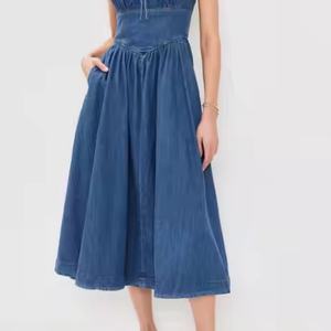 Vestido de Mezclilla Ecológico de Verano, Elegante, Corte A, Casual, para Mujer, Ajustado, Sin Mangas, con Parches, Tejido, para Uso Diario - Product Image 2