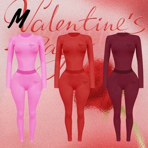 2026 Damen Valentinstag Benutzerdefiniertes Logo Farbige Baumwoll-Rippstrick Langarm-Leggings Loungewear 2-Teiliges Set - Product Image 1