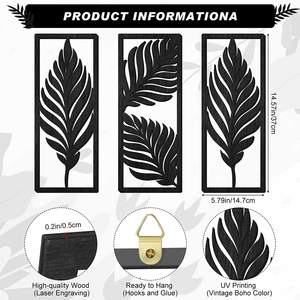 Boho Home Decor 3 Pcs Feuille De Palmier En Bois Mur Art Suspendu Sculpture Bois Signes Plaque - Product Image 4