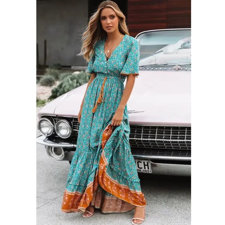 Bohemian Large Swing V-neck Beach Dress Holiday Lace-up Print Long Dress Women Plus Size Clothing