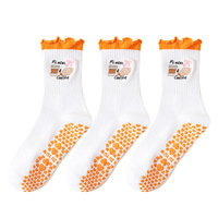 Chaussettes de sport en coton tricoté pour femmes, antidérapantes, mi-mollet, avec bordure en dentelle brodée, pour yoga, fitness, course à pied, pilates, entraînement professionnel