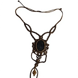 Collar Colgante de Macramé Marrón Hecho a Mano con Ónix, Ajustable, Estilo Boho Étnico, Joyería Unisex, Chapado en Bronce Antiguo - Product Image 1