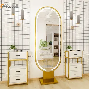 Yoocell現代サロンスタイリングミラーledライトゴールドフレームオーバル高級スタイリングステーション美容室