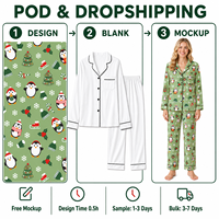 Ensemble de pyjama personnalisé en polyester vert sauge à col cranté motif pingouin de Noël pour femme, POD MOQ 1PC, Dropshipping