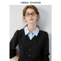 VEGA CHANG Robe à bulles de Bohème à encolure patchwork et base noire de style cool