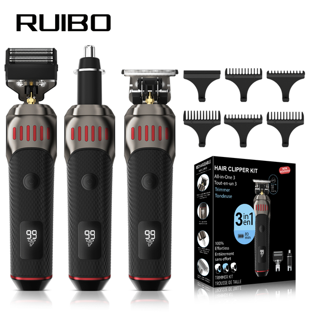 Cordless 3-in-1 Beard Trimmer and Hair Clippers Men's Grooming Kit for Beard Body Face Nose Electric Waterproof Trimmer Set