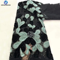 Tissu en dentelle de velours floral 3D Sinya de luxe avec paillettes et perles, 5 yards, magnifique broderie perlée, dentelle française en maille pour mariage et fête
