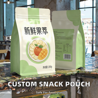 Op maat bedrukte plastic zakken met zijvouwen, platte vierkante bodem en stand-up functie, geschikt voor levensmiddelen, voor snacks, chips, noten en gedroogd fruit.