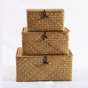 Natural Seagrass Woven <strong>Square</strong> <strong>Storage</strong> <strong>Basket</strong> Lid Handmade Multifunctional Gift <strong>Basket</strong> Small Item Packaging Box Home Organization - Product Image 6