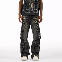 Utility-Pockets Distressed Parachute Denim Hose Loose Fit Jeans in Washed Black Cargo Baggy Fit für Herren