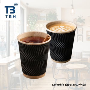 Vaso de papel corrugado de 12 oz con pared ondulada, exterior negro, resistente al calor, personalizado con impresión, para llevar, para cafeterías, oficinas, compatible con OEM y ODM. - Product Image 4