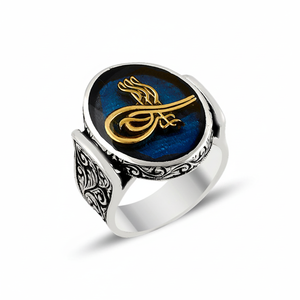 925K Sterling Silver Ottoman Tugra Blue Enamel <b>Men</b> <b>Ring</b> - Product Image 2