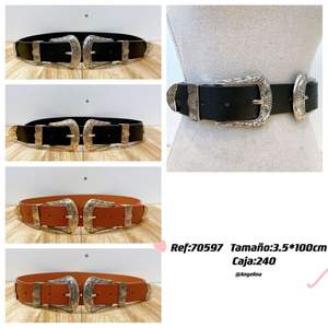 Cinturón de Cuero Genuino de 3.5x100cm con Doble Hebilla, Estilo Occidental, Accesorio de Moda - Product Image 1