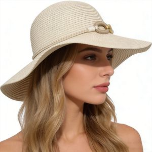 Chapeaux de paille Panama HZM-26217 à large bord pour femme, avec bandes colorées, pour l'été, la plage, les fêtes et les voyages - Product Image 1