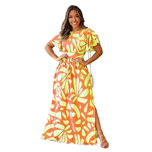 Vestido Maxi Casual con Estampado y Abertura, Cuello Redondo, Tipo Túnica, para Mujer, Venta al por Mayor - Product Image 4