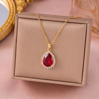 Collier pendentif goutte d'eau en cuivre, zircone et rubis rouge pour femme, avec halo de cristaux, chaîne bicolore or et argent