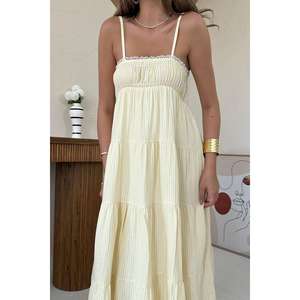 Elastic Waist Strappy <b>Yellow</b> Tiered <b>Dress</b> A-Line Spaghetti Strap Breathable Woven Casual Holiday Celebration <b>Dress</b> - Product Image 2